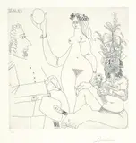 Pablo Picasso, Peintre devant une des «Trois grâces» de Raphaël, et un homme des bois au chapeau de fête, Blatt der Folge «347 gravures» Radierung