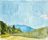 Cuno Amiet, Bauernhof mit Blick auf einen blauen Hügel, 1928, Aquarell über leichter Vorzeichnung in Bleistift
