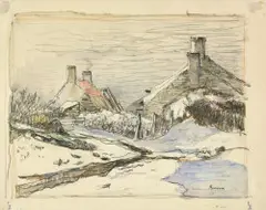 Paul Baum, Häuser in der Bretagne, 1890, Aquarell über Vorzeichnung in Kohle