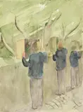 Otto Meyer-Amden, Biologiestunde (3 Knaben vor Raupenkästen), 1928–1932, Aquarell über Bleistift
