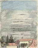 Otto Meyer-Amden, Blick über Häuserdächer. – Figur, zum Fenster hinaus zeigend