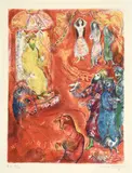Now the King loved science and geometry and one festival day as he sat on his kingly throne there came in to him three wise men… by Marc Chagall, 1948, Blatt 10 der Folge «Arabian Nights» Farbige Lithographie, sold Jun 2017