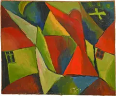 Arnold Topp, Soest 1887–1945 (verschollen), Landschaft mit roter Figur und Kreuz Öl auf Karton, mit Karton hinterlegt