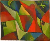 Arnold Topp, Soest 1887–1945 (verschollen), Landschaft mit roter Figur und Kreuz Öl auf Karton, mit Karton hinterlegt