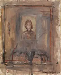 Alberto Giacometti, Portrait de jeune femme [Patricia Matisse] Rückseitig: Tête d’homme – Kopf eines Mannes, 1947, Öl auf Leinwand