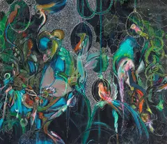 Anna Genger, "pigeons eyeballs swallowed by invisible rainbows", 2010, Öl und Acryl auf Leinwand