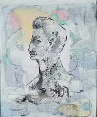 Marc Gröszer, Ohne Titel, 2010, Tusche und Papierstücke auf Leinwand