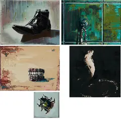 Katrin Heichel, 5-teiliges Konvolut aus "Neos Schuh", "Rosenkranz am Saughaken", Gebiss, "Mistkäfer" und "Kobra", 2009/2010, Jeweils Mischtechnik auf Leinwand