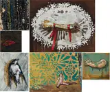 Katrin Heichel, 6-teiliges Konvolut aus "O.T. (Rosenkränze)", "Reliquie", Ohne Titel (Astloch), "Schwalbe", "Püppchen" und "Puppenärmchen"