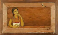 Agate Apkalne, "16 kirsi viens zvirbulis" (16 cherries and a sparrow), 2007, Öl auf Holz
