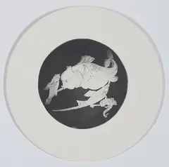 Christoph Knecht, "Blasen und geblasen werden", 2006, Aquatinta auf Pappteller