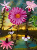 L. C. Armstrong, "Gerbera over Hummingbird", 2005, Acryl, Zündschnur und Harz auf Leinwand