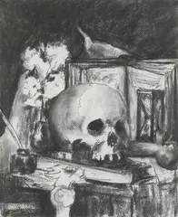 Przemyslaw Matecki, "Vanitas-Still-Life" nach Simon Renard de Saint-André (1613 - 1677), 2011, Kohle auf Papier