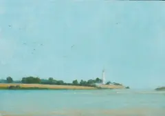 Ulrik Moller, <br />"Landskab med fyrtarn og fugle", 2011, Öl auf Holz