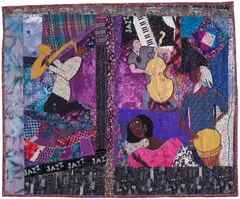 Dindga McCannon, JAZZMOBILE!, 2001, mixed-media quilt assemblage, with embroidery, collage and appliqué