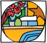 Tom Wesselmann, Still Life with Four Roses and Pear (Blue Pillow), 1968, alkyd on cut-out steel