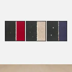 Samuel Levi Jones, Conscious Intuition, 2022-2023, pulped law book covers, pulped US flag and stars from US flag on canvas, triptych