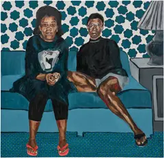 Wangari Mathenge, The Scientists, 2019, khanga fabric and oil on canvas