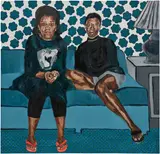 Wangari Mathenge, The Scientists, 2019, khanga fabric and oil on canvas