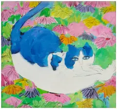 Walasse Ting, 猫咪 (Cat and flowers), 1983, acrylic on canvas
