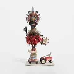 vanessa german, Prize Winner, 2012, wood, plaster, wood glue, tar, pigment, toy tractor, salt and pepper bird, casters, lard tin, toy pig, cowrie shells, vintage hard plastic doll parts, half ship model, nails, watch face, toy cap gun, toy watches, kazoos, old German doll heads, mirror, salt and pepper shaker figure, twine, wire, cloth, yard and earth