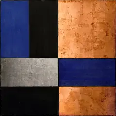 Mary Obering, Black and Blue, 1983, egg tempera, copper lead and aluminum leaf on gessoed panel