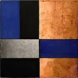 Mary Obering, Black and Blue, 1983, egg tempera, copper lead and aluminum leaf on gessoed panel