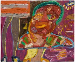 George McNeil, Well!!, 1982, oil, mop strings, found fabric and mixed media collage on canvas