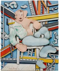 Larry Rivers, Blue Collar Holiday, 1990, oil on canvas mounted to sculpted foamboard on panel