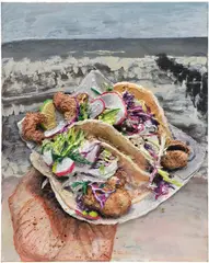 Rockaway Taco by Gina Beavers, 2013, acrylic, sand and shells on canvas, offered Feb 2026