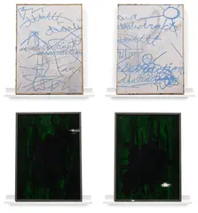 Dashiell Manley, Untitled, 2012, gouache, ink and watercolor on canvas, with wood, glass and transparency film, double-sided, in artist's frames, in 2 parts