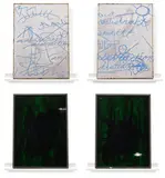 Dashiell Manley, Untitled, 2012, gouache, ink and watercolor on canvas, with wood, glass and transparency film, double-sided, in artist's frames, in 2 parts