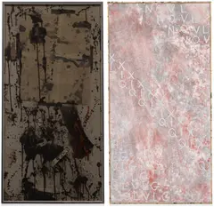 Dashiell Manley, Countdown (left to right diagonal brushstroke) #7, 2012, gouache, ink and watercolor on canvas, with wood, Plexiglas and transparency film, double-sided, in artist's frame