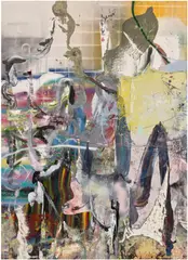 Liam Everett, Untitled (On the corner), 2017, oil, acrylic, ink, alcohol and salt on linen