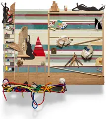 Devin Troy Strother, La Keysha, Shanika, Quanisha, in Contemporary Arrangements Exhibit 4, with Tamika and Wakiesha Doing Their Performance Sculpture Entitled " Ensemble for Somnambulists”, 2011, oil, paper, yarn and mixed media on panel