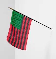 David Hammons, African American Flag, 1989, printed fabric and painted wood pole
