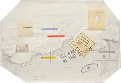 Lawrence Weiner, Islands in the Storm, 1989, graphite, marker, gouache, tape and paper collage on printed paper map