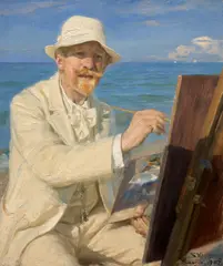 Peder Severin Krøyer, Self-Portrait, Sitting by His Easel at Skagen Beach (Selvportræt, siddende ved staffeliet på Skagens strand), 1902, oil on panel