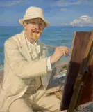 Peder Severin Krøyer, Self-Portrait, Sitting by His Easel at Skagen Beach (Selvportræt, siddende ved staffeliet på Skagens strand), 1902, oil on panel