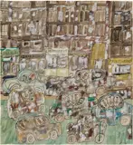 Jean Dubuffet, Liqueurs, musique, chemiserie (avec sept voitures), gouache, watercolor, India ink, pencil, graphite and collage on paper