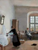 Christian Mourier-Petersen, Ironing Room in an Old Country Mansion (Strygestue i en gammel gård på landet), 1891, oil on canvas