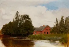 Vilhelm Hammershøi, Landscape Study from Haraldskær Paper Mill by the Stream in Vejle (Landskabsstudie. Fra Haraldskær Papirfabrik ved Vejle å), 1883, oil on panel