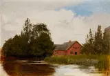 Vilhelm Hammershøi, Landscape Study from Haraldskær Paper Mill by the Stream in Vejle (Landskabsstudie. Fra Haraldskær Papirfabrik ved Vejle å), 1883, oil on panel