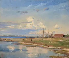 Johan Lundbye, Ships in a Harbor at Kalundborg Fjord (Skibe i havn ved Kalundborg Fjord), 1846, oil on paper laid down on canvas