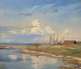 Johan Lundbye, Ships in a Harbor at Kalundborg Fjord (Skibe i havn ved Kalundborg Fjord), 1846, oil on paper laid down on canvas