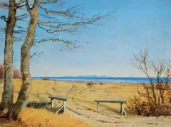 Johan Lundbye, View toward Kullen, Sweden, from Julebæksbroen (the Julebæk Bridge) (Udsigt mod Kullen fra Julebæksbroen), oil on paper laid down on canvas