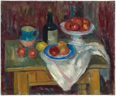 Charles Camoin, Compotier de fruits, bouteille et assiette, 1950, oil on canvas
