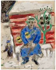 Marc Chagall, Musicien sur le banc pour Esther avec amour, 1925-1927, gouache and ink over etching on paper