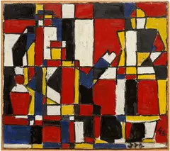 Tres figuras en colores primarios by Joaquín Torres-García, 1946, oil on cardboard mounted to board, sold May 2026