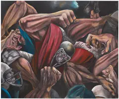 Ernie Barnes, Battle in the Line, 1971–1975, oil on canvas